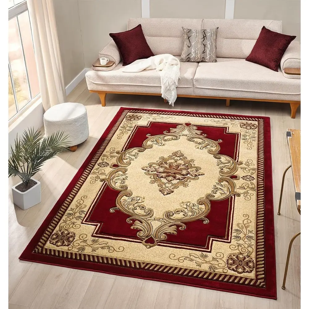 

Hand-Carved 5x7 Medallion Area Rug, Non-Shedding for Living Room or Bedroom, Classic Persian Red & Cream Style