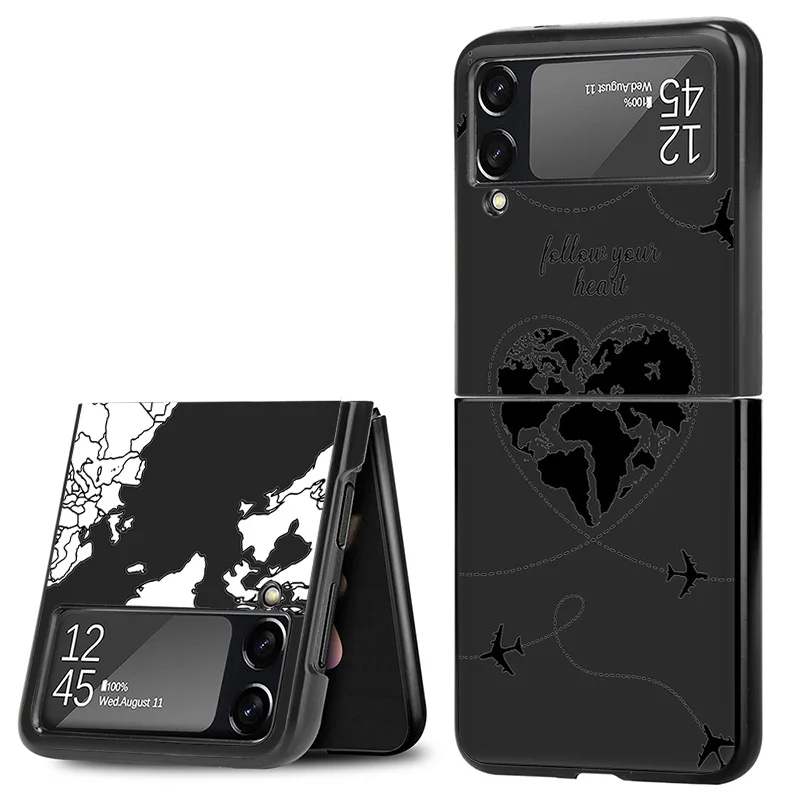 Matte Phone Case For Samsung Galaxy Z Flip6 5G Flip5 Flip4 Flip3 ZFlip 6 3 4 5 Airplane World Map Rocket Hard Black Cover