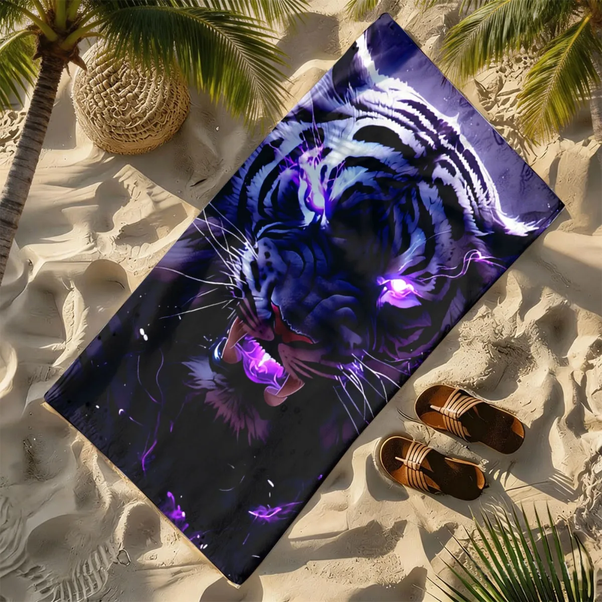 

Purple light pattern with tiger design polyester microfiber beach towel is highly absorbent, suitable for swimming beach outings