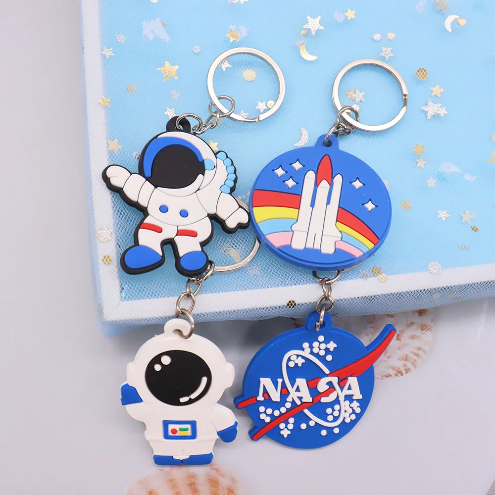 1PCS PVC Keychain Kawaii Cartoon Key Rings Astronaut Universe Pattern Key Holders Fit Adult Car Keys Kids Party Gift Trinkets