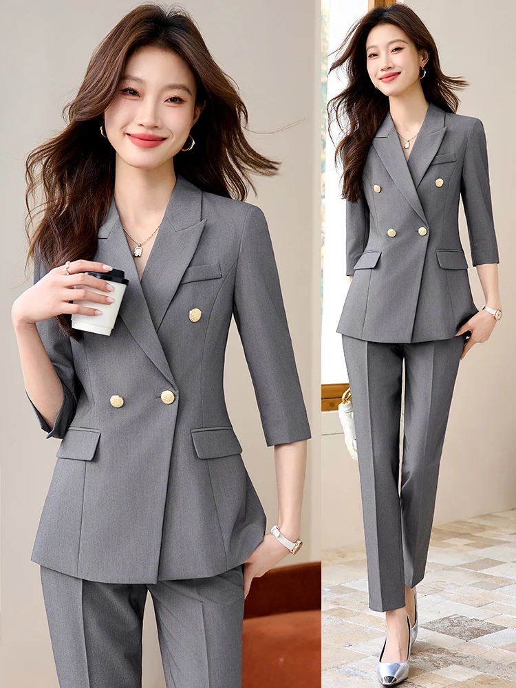 

Серый женский костюм для весны и лета: профессиональный комплект для собеседований, униформа для менеджеров отелей, рабочая одежда, пиджак с рукавом три четверти