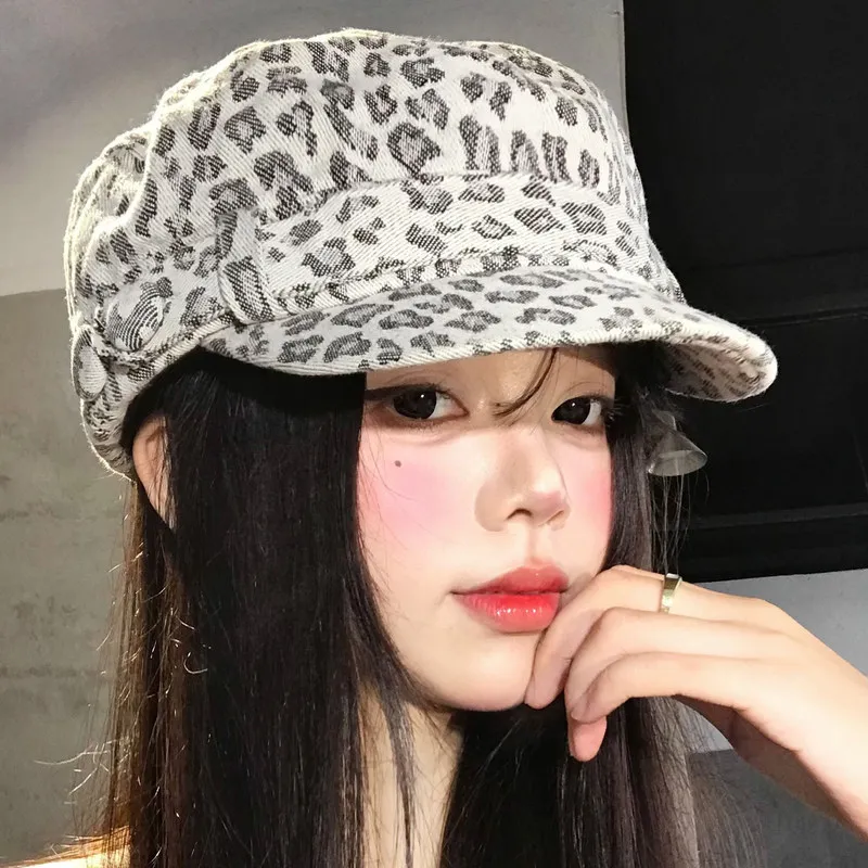 Leopard Print Flat-Top Beret Hat - Korean Retro Duckbill Cap Women, Face-Slimming Spring Autumn Fashion