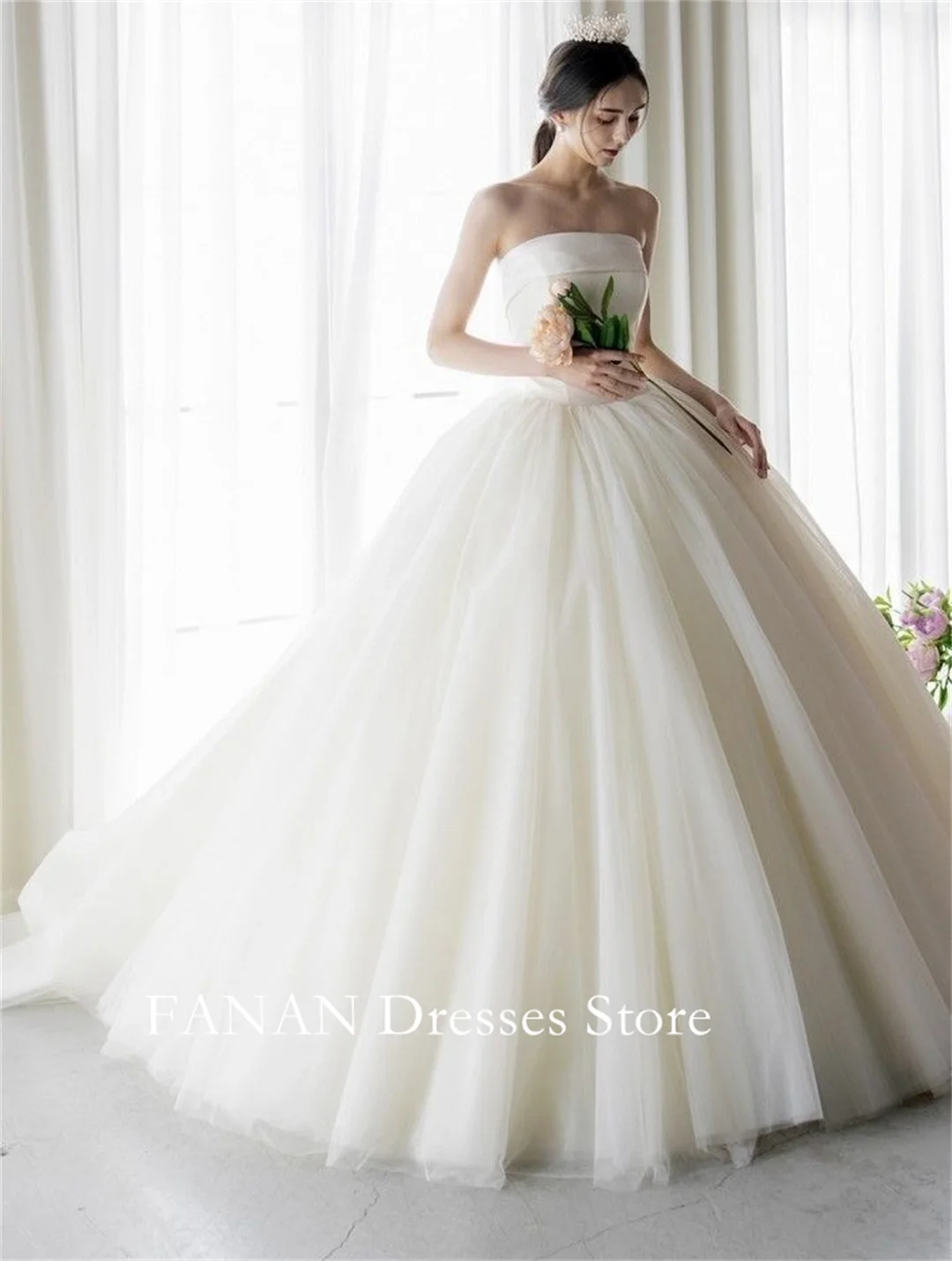 

FANAN Korea Strapless Ruched Ivory Short Sleeve Tulle Wedding Dresses 웨딩드레스 Customized Princess Corset Bride Gowns Plus Size