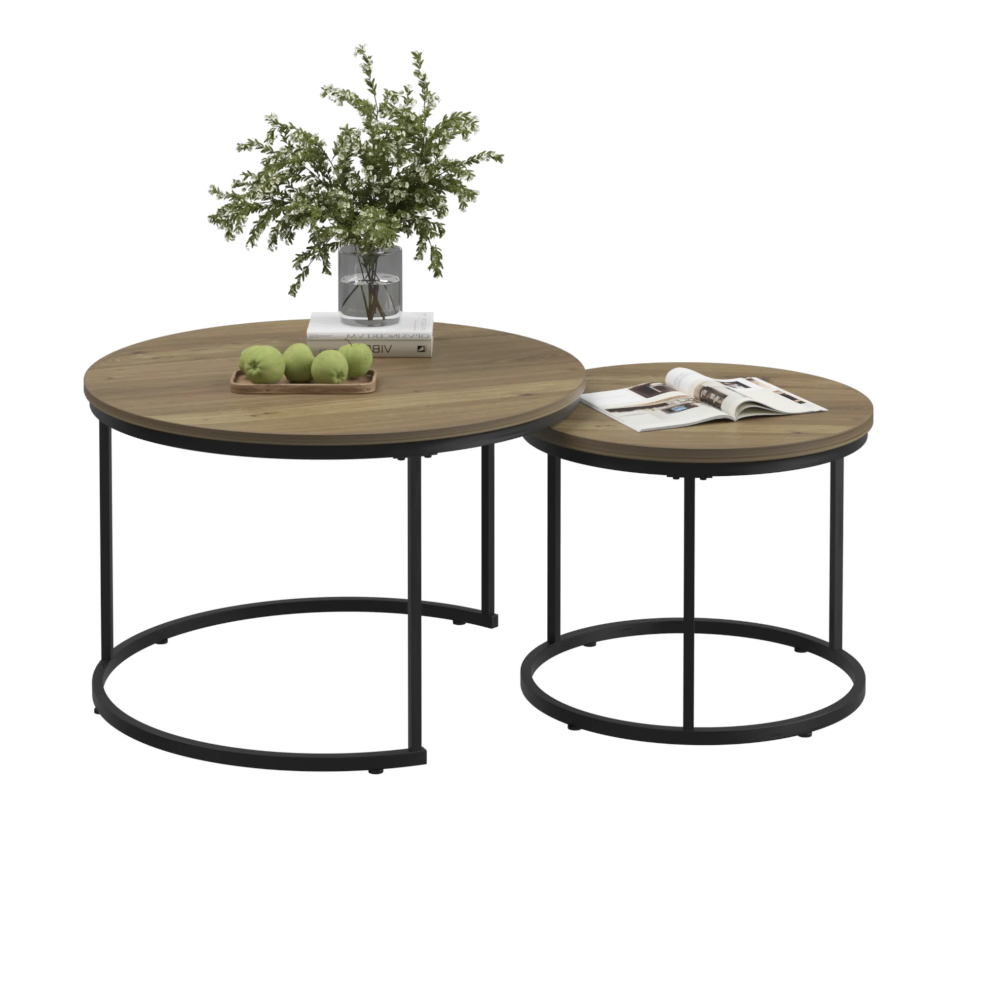 

Nesting Coffee Table Set of 2, 27.6inch Round Coffee Table Industrial Wood Finish with Sturdy Metal Frame, End Table Side Tables