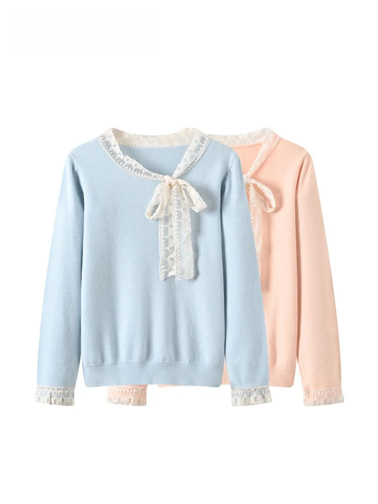 

CaraCLUB Длинный свитер размера плюс с кружевным сращиванием и бантом для женщин, осенне-зимний новый вязаный топ Sle Thiened