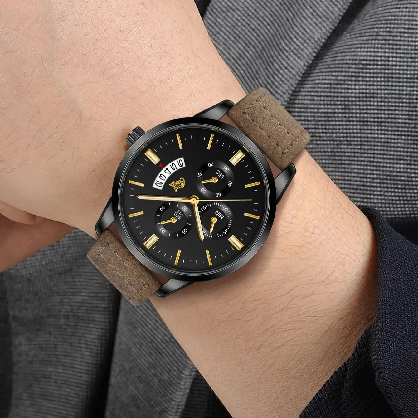 LUCKY FOX Minimalist Watch for Men - Black Leather Strap, Slim Dial, Quartz Movement, Date Display, Casual & Dress Wristwatch
