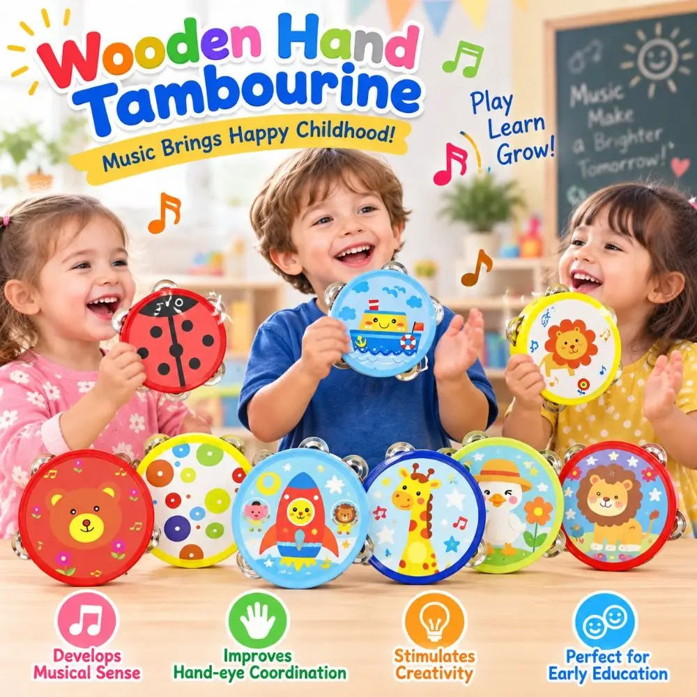 Durable Cartoon Hand Drum Shaker Music Toy Hand Held Drum Musical Mini Tambourine Toddlers