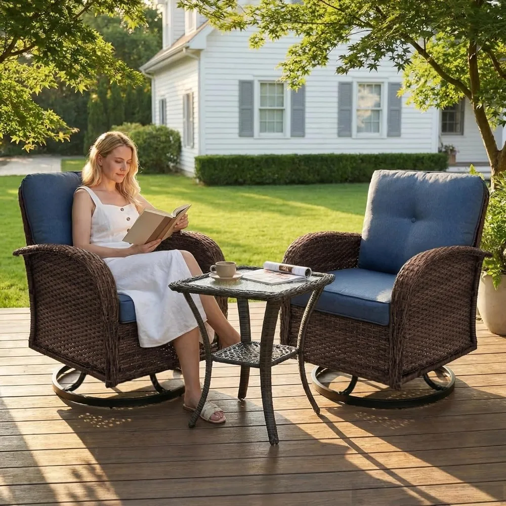 

3 Piece Patio Furniture Set, 2 Outdoor Swivel Rocking Chairs with Side Table, Wicker Glider Chairs, Customized