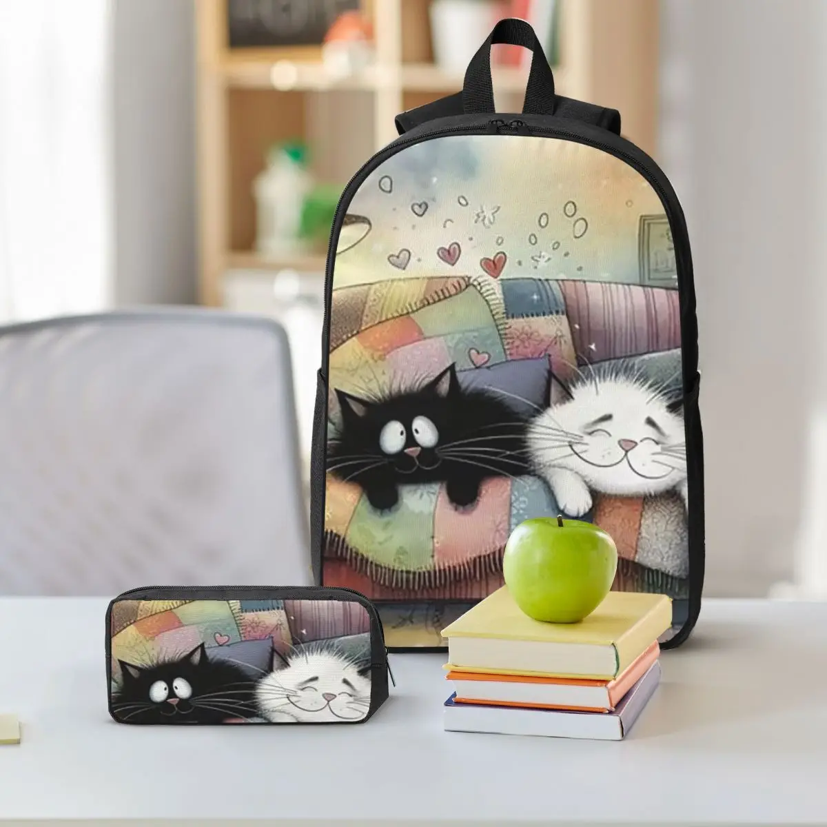 Adorable Cat In Sofa Backpack Student BookBag School Bag Shoulder Bags 3ps Insulated Lunch Bag Pencil Case