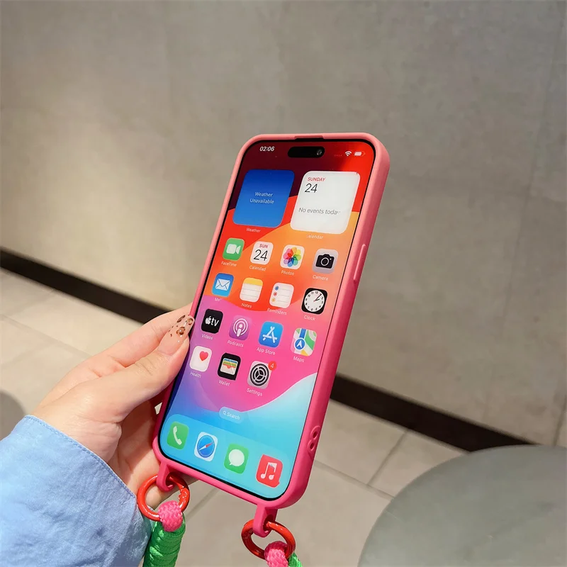 Gradient Color Cute Card Slot Holder Phone Case For iPhone 16 15 Pro 12 13 14 Pro Max Cover with Hand Rope Strap Silicone Cases