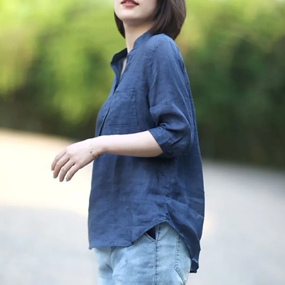 Women Summer Casual Cotton and Linen Stand Collar Shirt  Loose Mid-length Sleeve Shirt