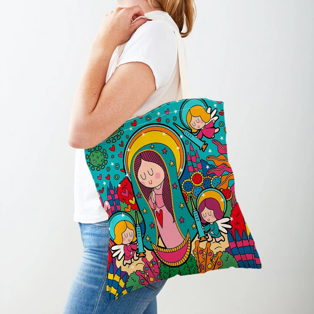 Bolsas de compras para mujer, bolso de mano de la serie Virgen María de dibujos animados, bolso de compras de tela reutilizable plegable, bolso de