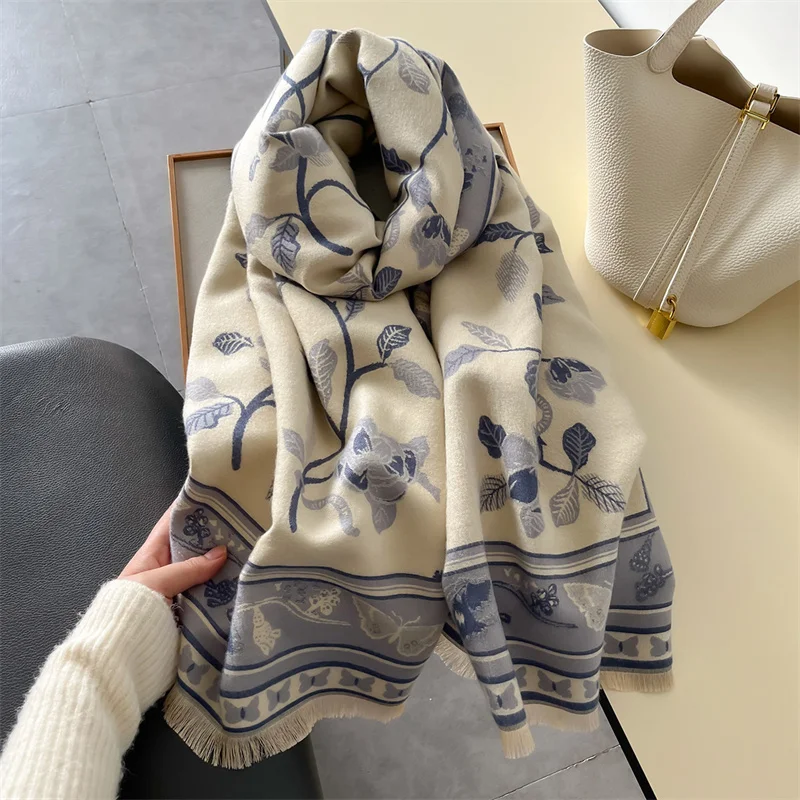 2024 Floral Print Winter Scarf Cashmere Thicken Warm Women Shawl Pashmina Female Wrap HIjab Foulard Neckerchief