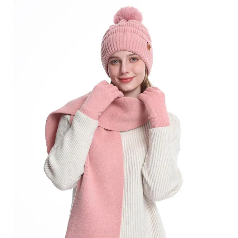 Warm Knit Scarf Set Women\'s Winter Knit Beanie Scarf Gloves Set Thick Warm Cap with Ear Windproof Neck for Outdoor