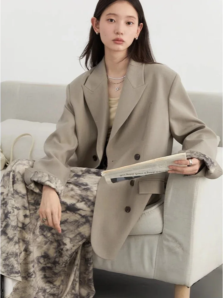 CHIC VEN Women Blazer Solid Loose New Korean Wide Shoulder Female Jacket Double Breasted Woman Coat Spring Autumn 2024