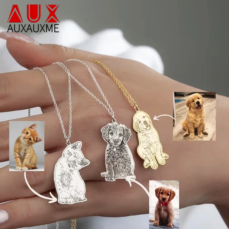 Auxauxme – collier personnalisé avec image d'animal de compagnie, en acier inoxydable, gravure à la main, Portrait de chien et de chat, bijoux commémoratifs, cadeau
