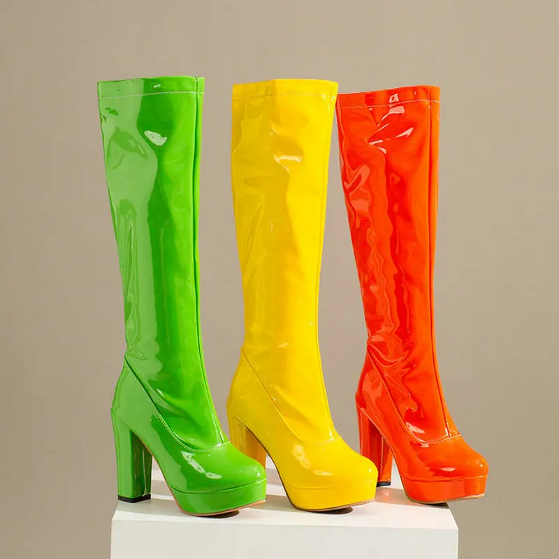 2022 Candy Colors Women Knee High Boots Platform Square High Heel Ladies Calf Boots Patent PU Leather Round Toe Zipper Shoes