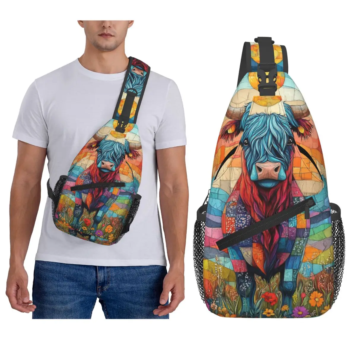 المرتفعات البقرة طباعة الاسكتلندية حقيبة الصدر الرجال حبال Crossbody على ظهره حقيبة الصدر السفر المشي لمسافات طويلة Daypack حقيبة الكتف