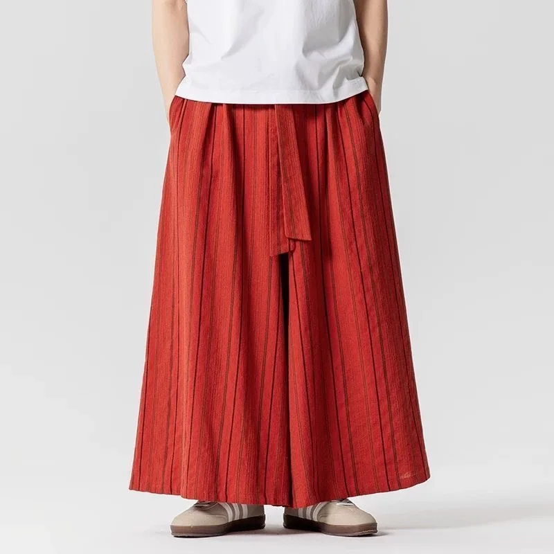 Men Quality Draped Cotton Linen Senior Skirts Pants Male Japanese Wide Leg Vintage Striped Trousers Oversize Trendy Streetwear