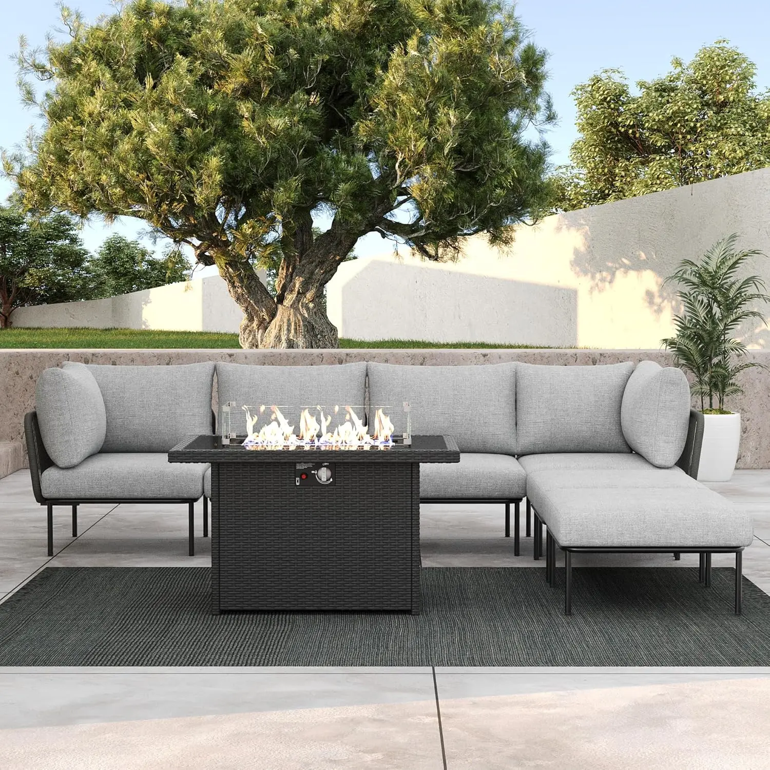 

7pcs Aluminum Patio Sofa Set Modular Sectional Fire Pit Table Thick Cushion Outdoor Garden Yard, Customized