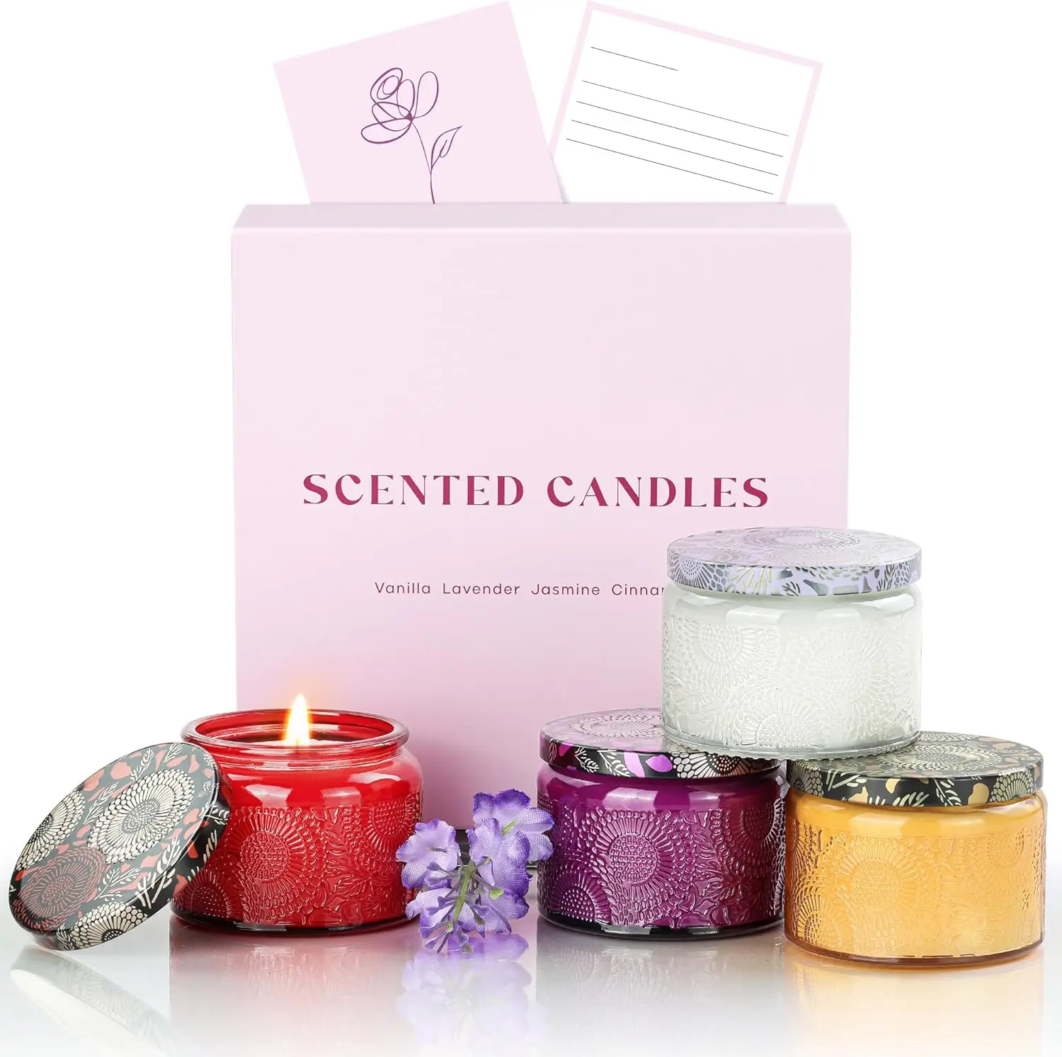 Juego de Regalo de Velas Aromáticas (4 Unidades): Vainilla, Lavanda, Canela, Jazmín para el Hogar y Regalos