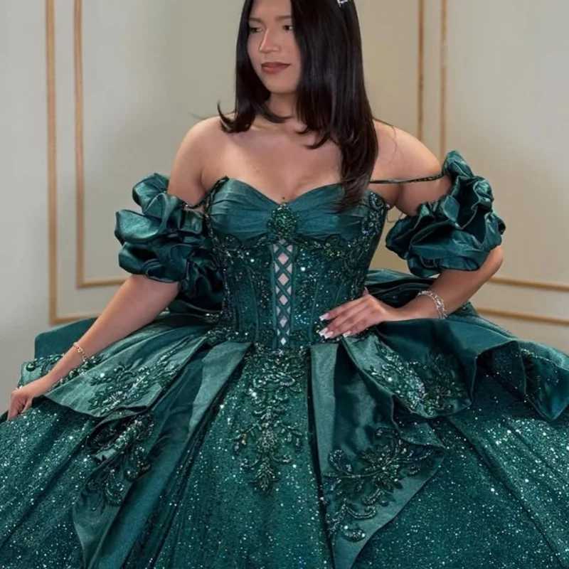 

Customized Shiny dark green Quinceanera Dresses Off the Shoulder decal flower Bow flower Long tail Vestido 15 Quinceanera