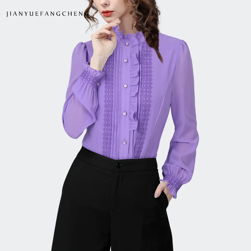 2024 Spring New Women Purple Ruffles Blouse Long Sleeve Lace Top Elegant Slim Office Ladies Work Casual Shirts