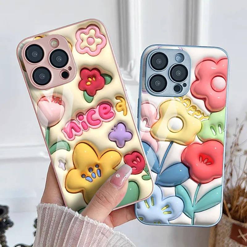 Candy Color Flower Tempered Glass Case For iPhone 15 Cover iPhone 11 14 15 12 13 Pro Max X XR XS Max 7 8 14 Plus SE 2020 Funda