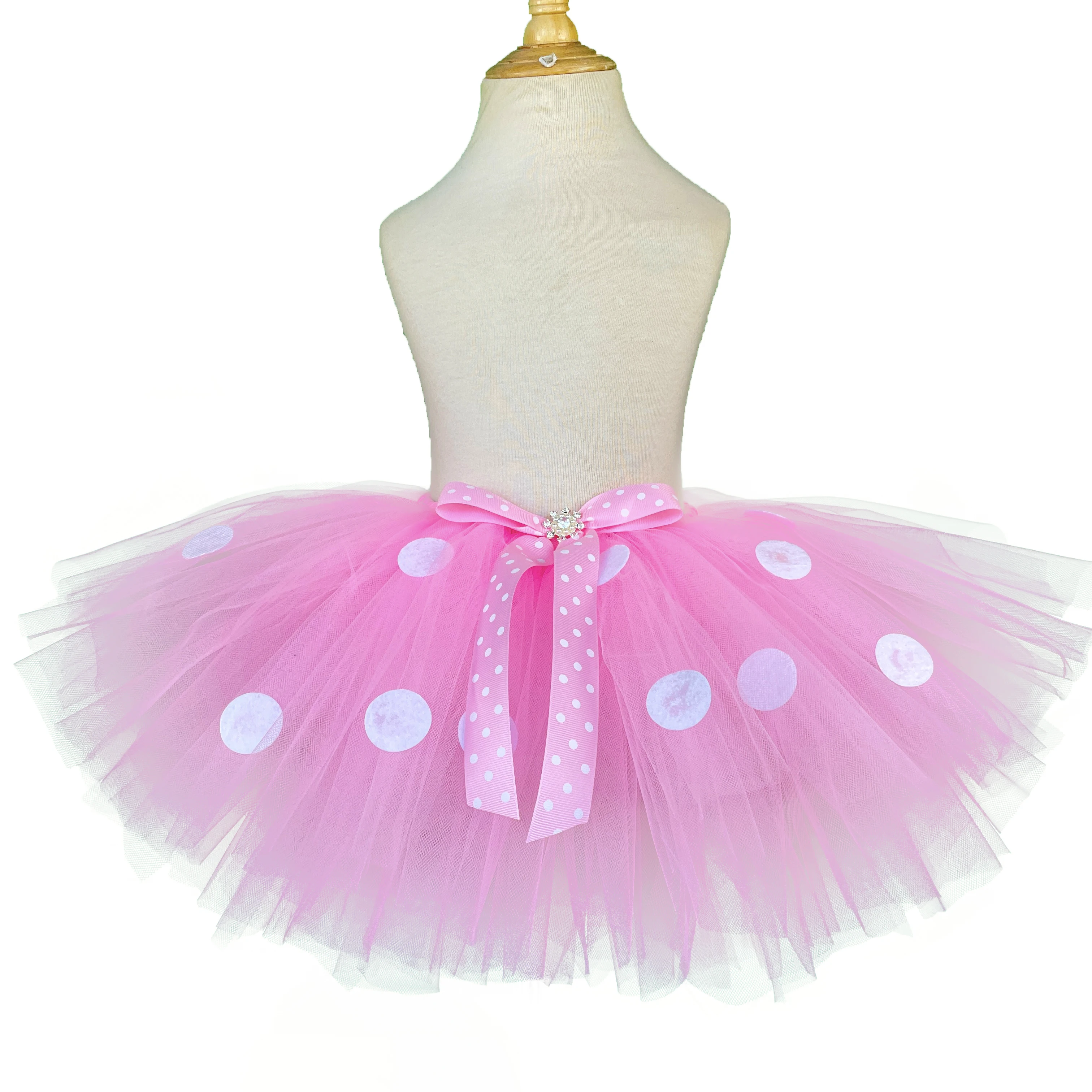 Jupe tutu rose pour filles, jupon de ballet en tulle, avec pois blancs et nœud de cheveux, costume de fête cosplay pour enfants