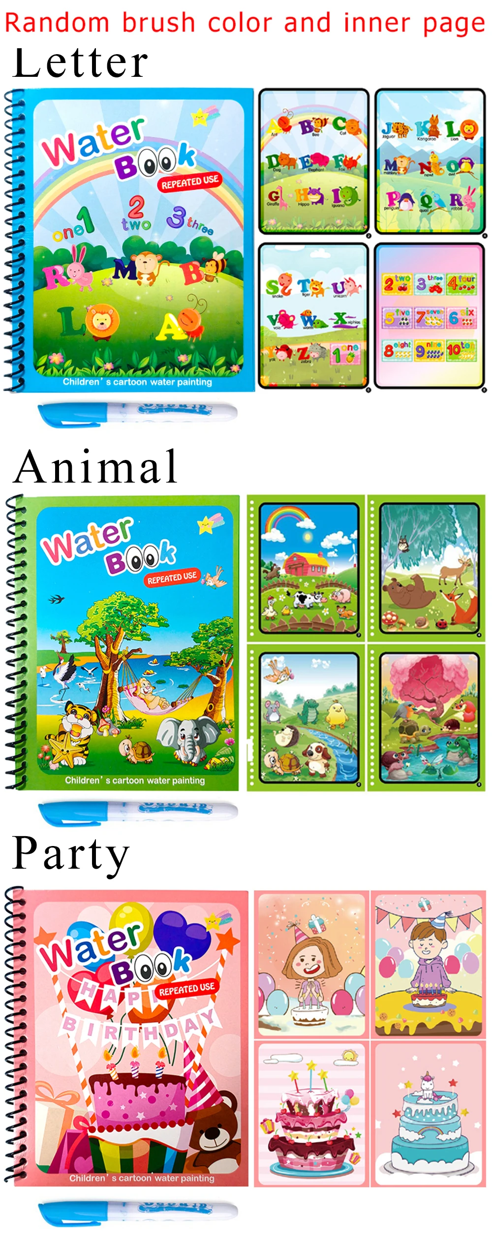 1 Set magisches Wasser-Zeichenbuch, buntes Montessori, wiederverwendbares Malbuch mit Wasserpinsel, Geburtstag, Festival, Graffiti-Geschenk ZYF – Detail 2