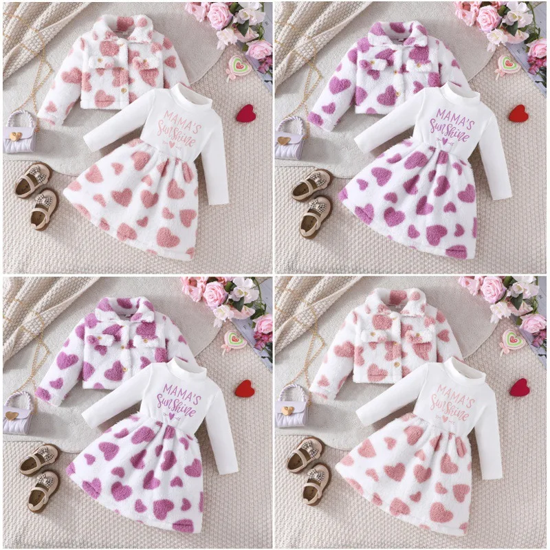 

Autumn Fashion Girls Set Fleece Collar Kids Coat Letter Love Print Dress Two Piece Fluffy Children Outfit Pink White Color Block
