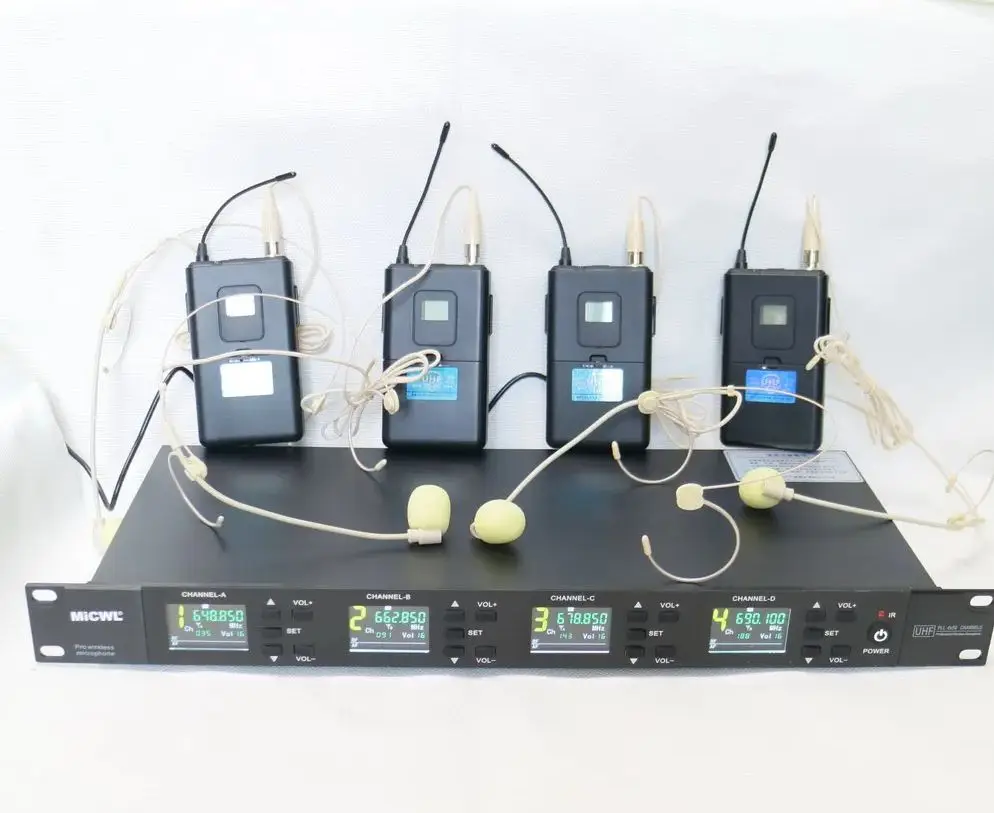 

MiCWL 1 2 3 4 UHF Channel Wireless Microphone System 4 BelPack Beige Headset Cardioid Lavalier Handheld for School Teaching