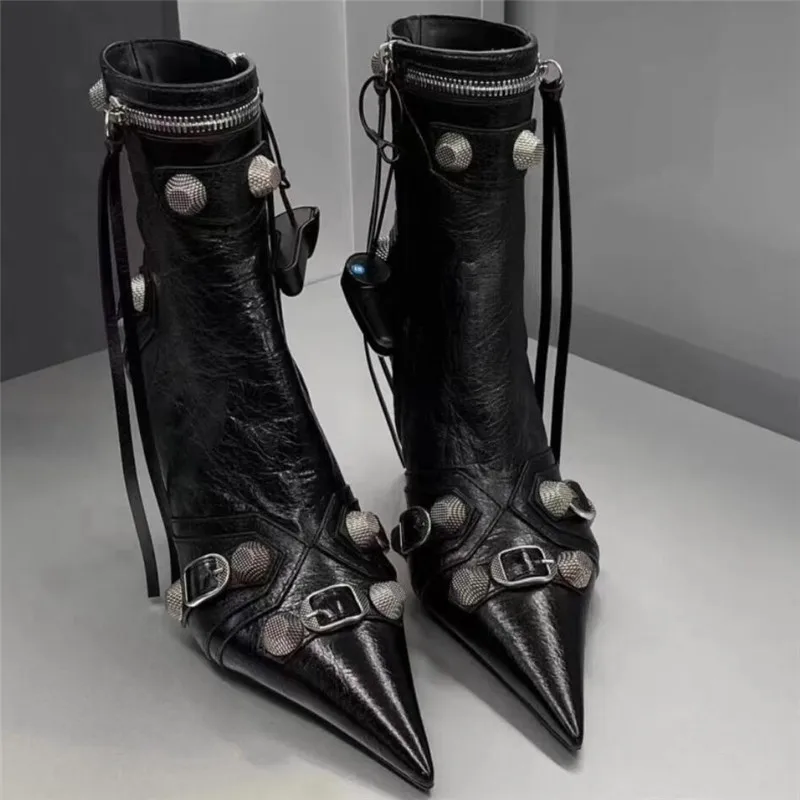 Rivet Woman Short Ankle Boots Black Side Zipper Thin Heel Women Pointed Toe Punk Motorcycle Boot