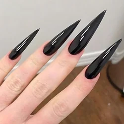 Conjunto de unhas falsas monocromáticas, Pressione as pontas das unhas, Estilete Longo, Unhas Artificiais Removíveis, Decoração Nail Art, Preto Brilhante, 24pcs