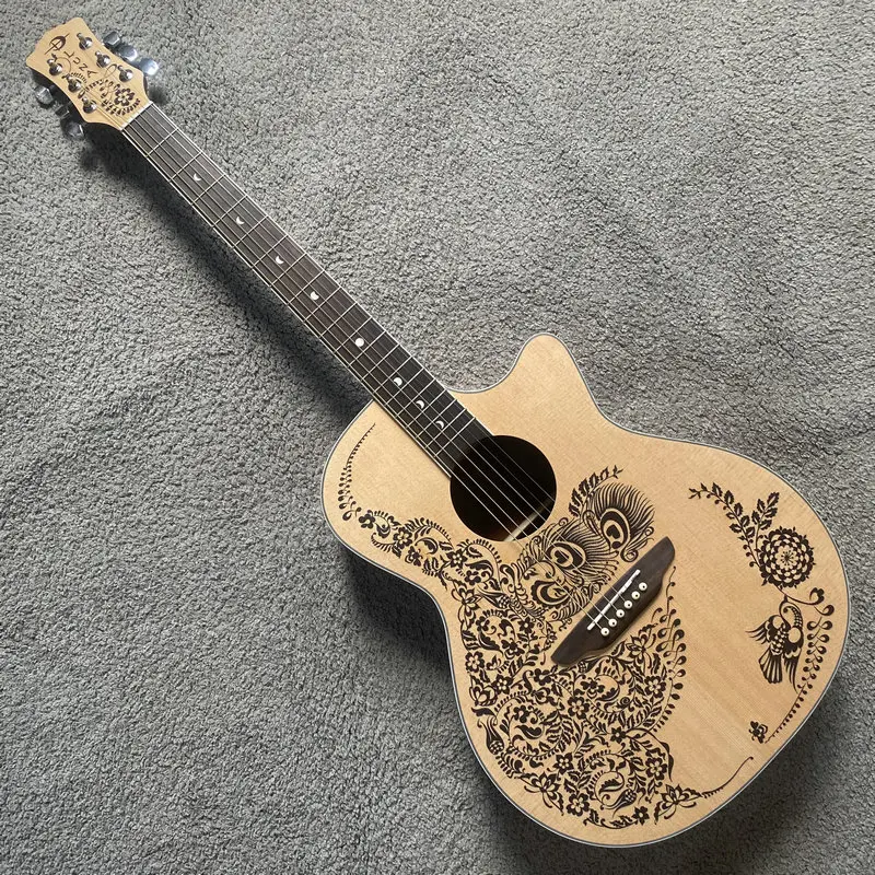 

Genuine Luna Acoustic Guitar 40'Henna Oasis Spruce Top with Carved Design Mahogany Back&Side New Authorised Produced