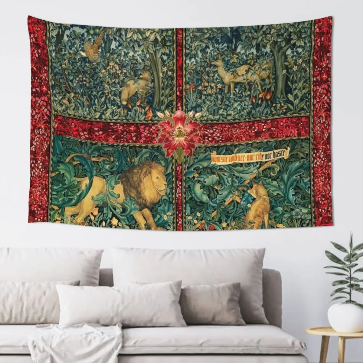 

GREENERY FOREST ANIMALS ,LION ,FOX,PHEASANT AND DOES Red Green Floral Tapestry Wallpaper Bedroom Tapestry