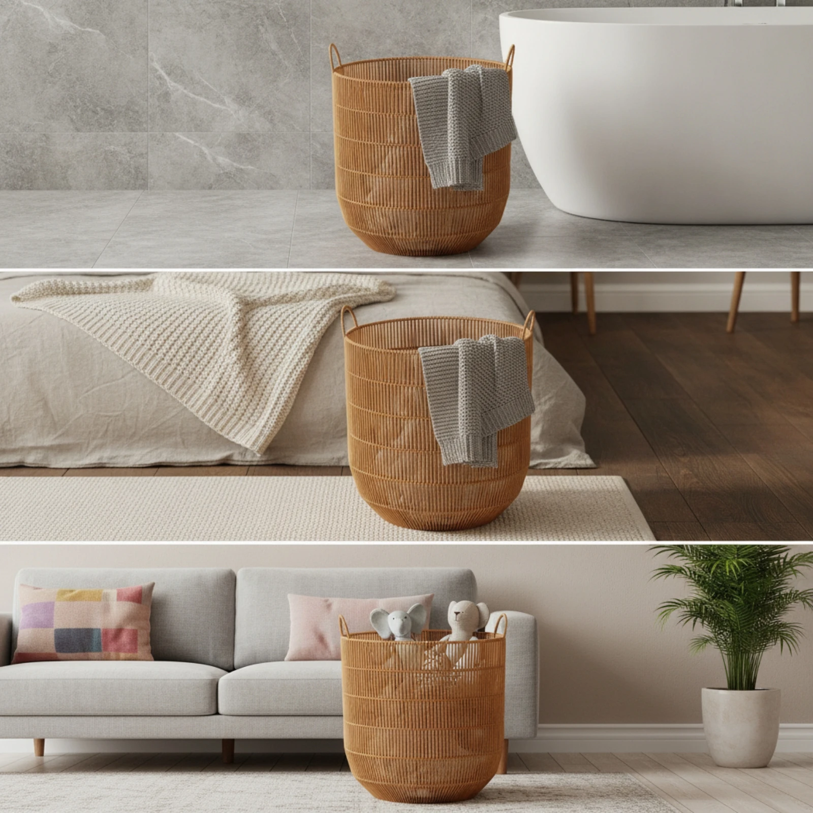 Woven Laundry Basket Portable Rattan Laundry Basket Storage Bin Decorative Container Tall for Bathroom, Bedroom