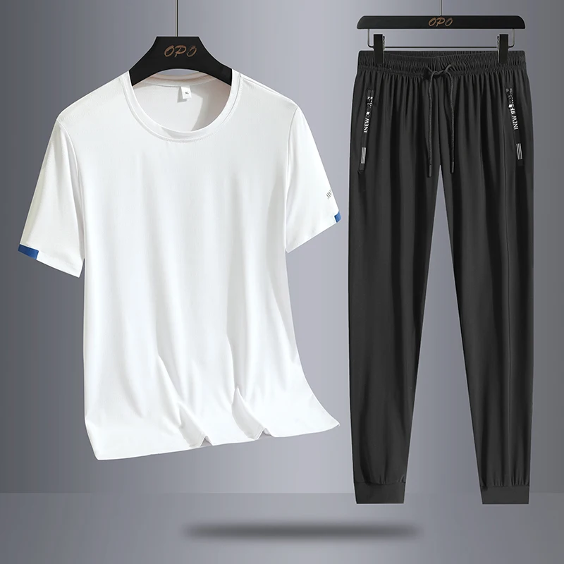 Ice Silk Quick Drying Set Trendy Ice Cool Mesh Quick Drying Breathable Short Sleeve T-shirt Long Pants Sports Two Piece Set men