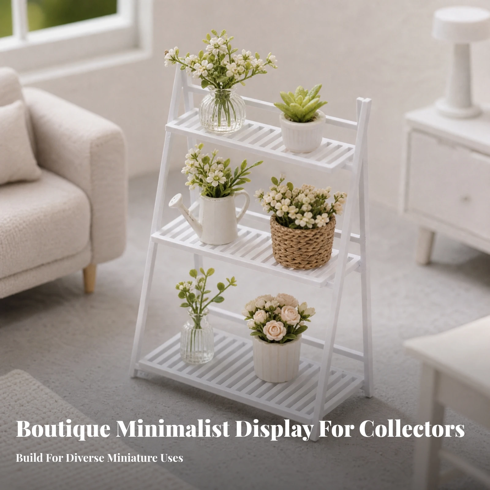 Miniature Ladder Shelf with Three Slatted Shelves Lightweight Dollhouse Plant Shelf Miniature Flower Rack Realistic