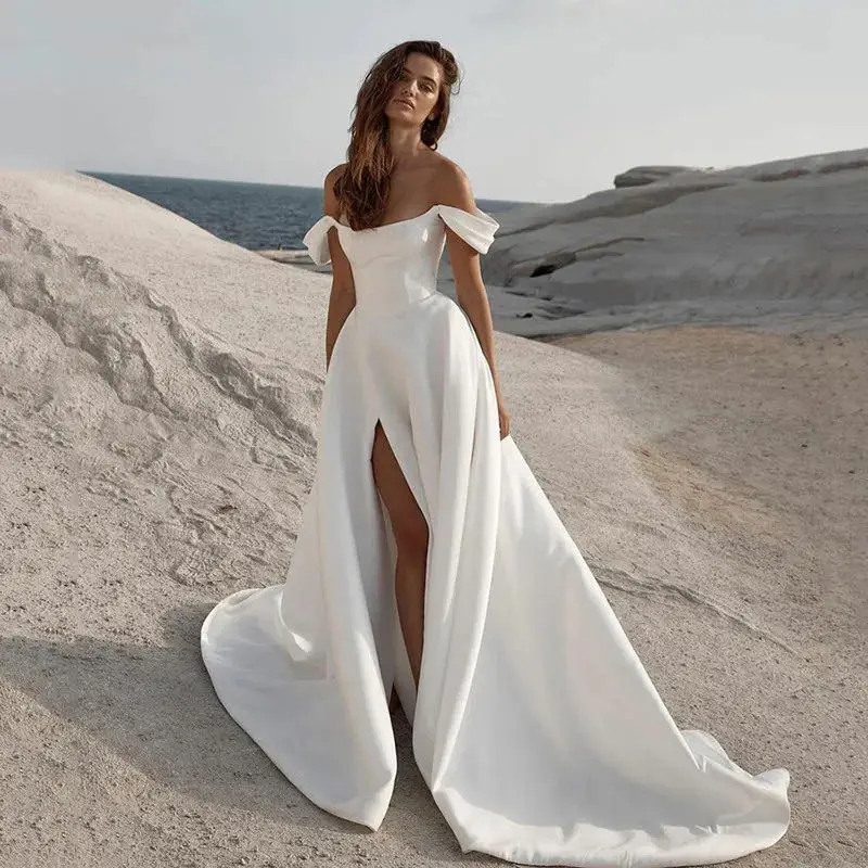 

Custom Made Soft Satin A Line Wedding Dresses Sleeveless Off The Shoulder Bridal Gowns Long Train Wedding Party Gowns 2024