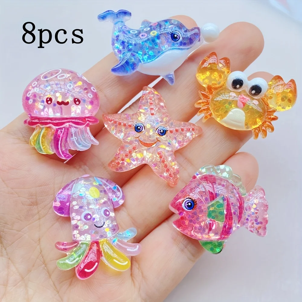 8Pcs Sparkling Marine Animal Charms, Dolphin Octopus Crab Starfish, for DIY Jewelry, Bows & Nautical Decor