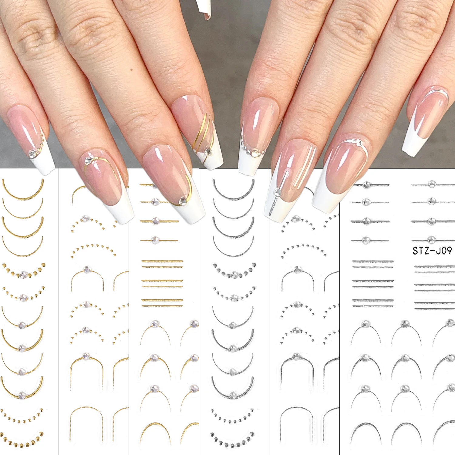 3 stks/set 5D Steentjes Goud Zilver Franse Tips Nail Stickers Retro Wave Eenvoudige Lijn Ontwerp Lijm Slider Nail Art DIY Decals