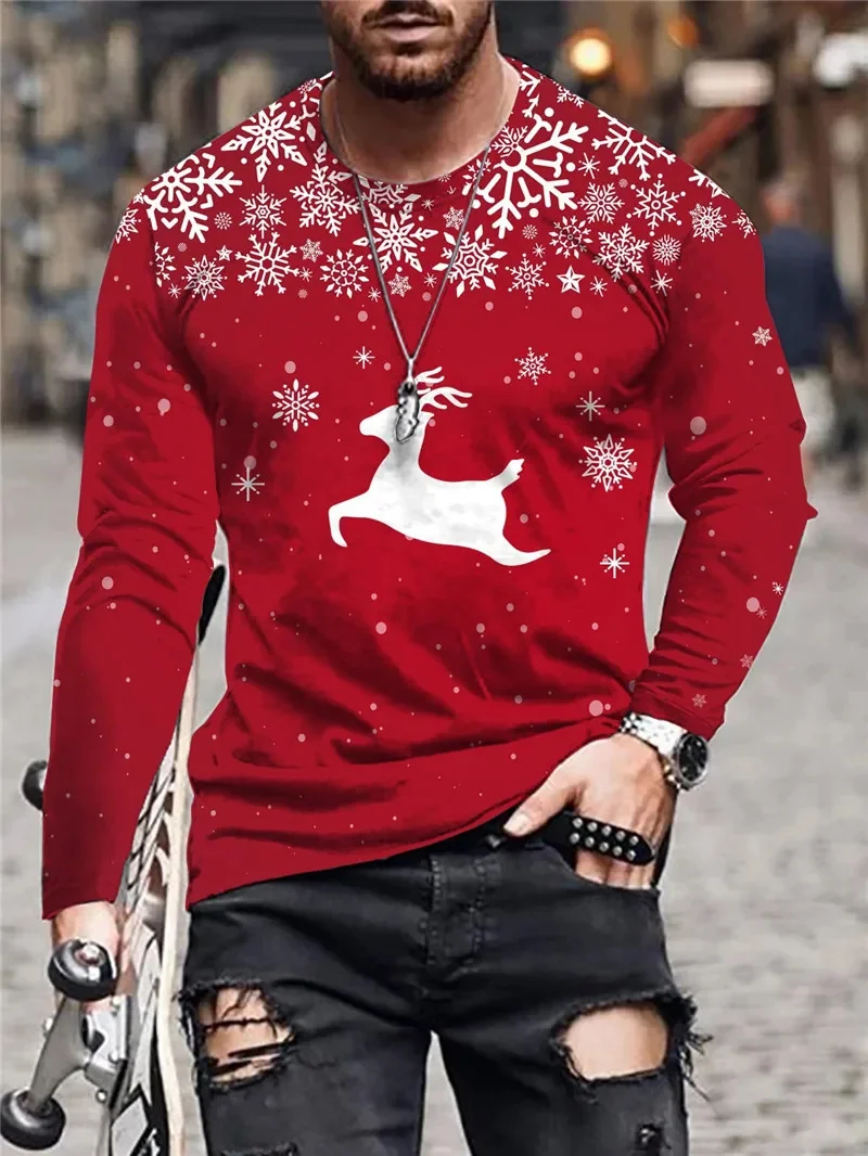 Autumn Winter Christmas Deer Pattern Men's Fashion T-Shirts Long Sleeve 3D Printed Christmas Style Street Tee 6XL Plus Size Tops