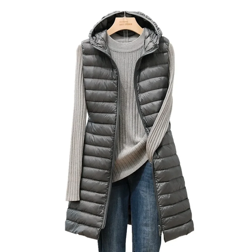 Autumn and Winter Slim Sleeveless Women Parkas Vest Ladies Medium and Long Style Pure Color Hooded Light down Cotton Vest Jacket