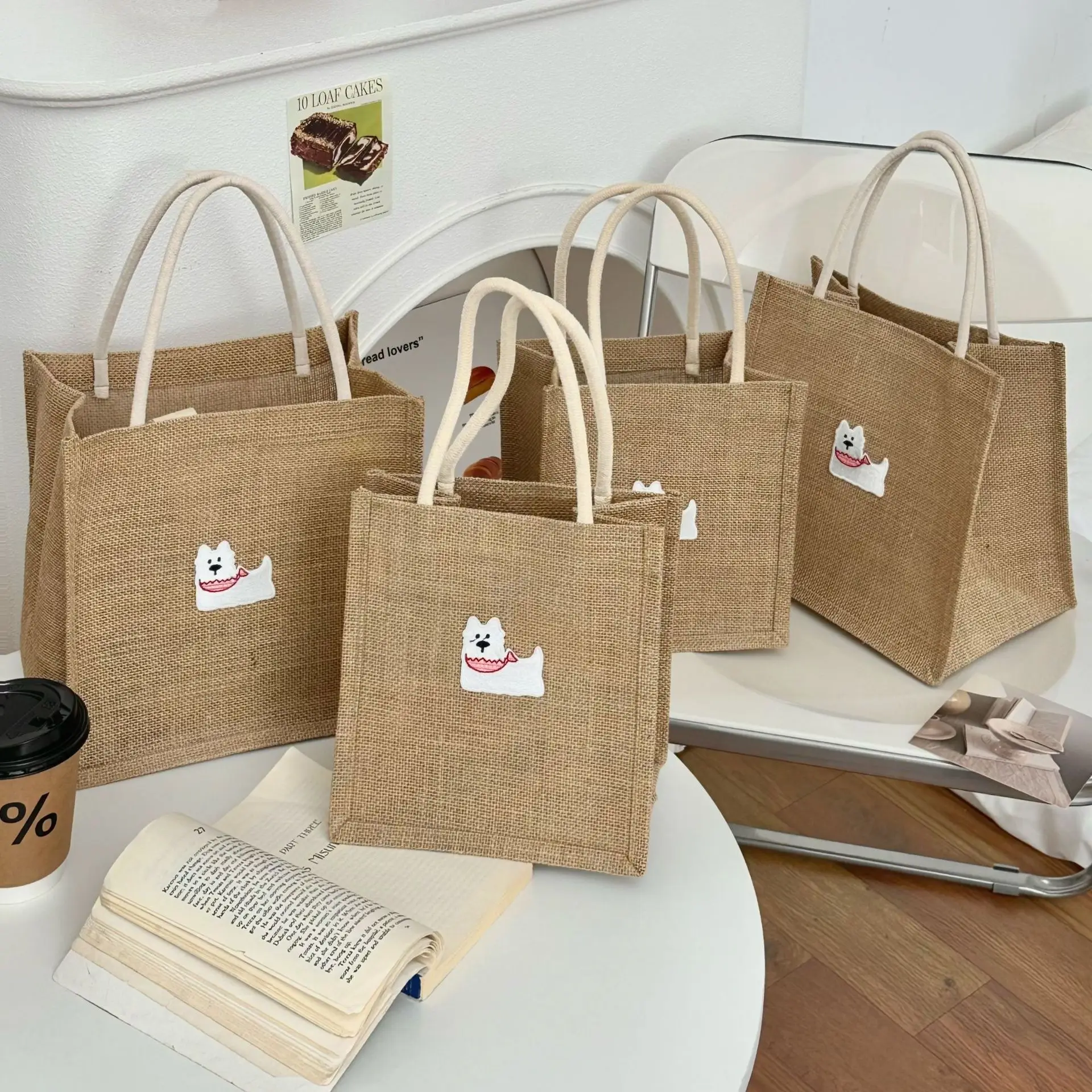 

Bib Puppy Print Linen Handbag Large Capacity Grocery Bag Women Casual Cute Tote Bag Beach Organizer Portable Eco Shopping Bag