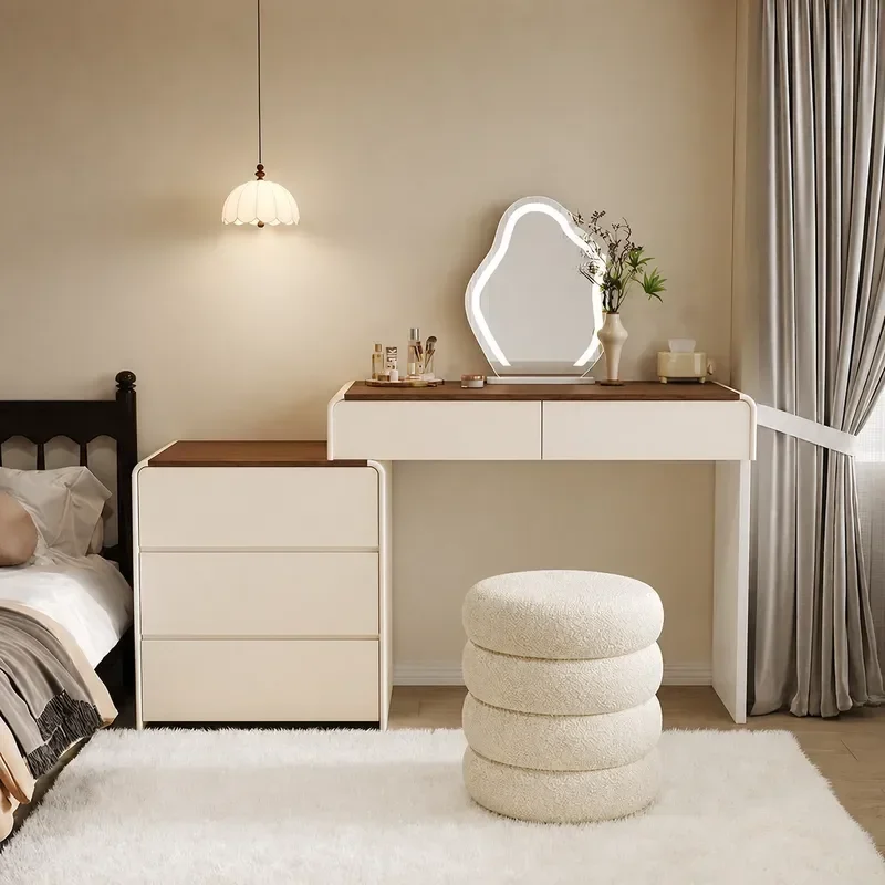 Modern Walnut Dresser with Integrated Makeup Table Bedroom Chest of Drawers Simple Design Cabinet with Skirting Line Storage