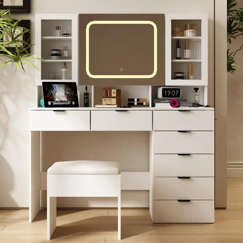 

Vanity Table Set with LED Lighted Mirror, Vanity Desk with Charging Station with Glass Doors, Cushioned Stool, Makeup Table