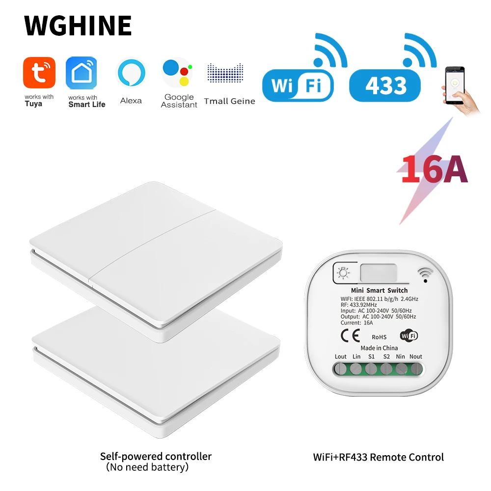 

WGHINE Wireless WIFI Switch 16A Self-powered waterproof switch Tuya Smart Home Automation Timer Relay Support Google Home Alexa