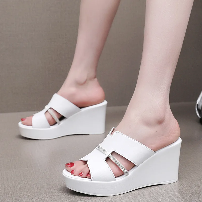 High quality leather wedge sandals for women 6cm 8cm 10cm high heel 2025 summer 33 34 platform open toe elegant shoe white green - Image 3