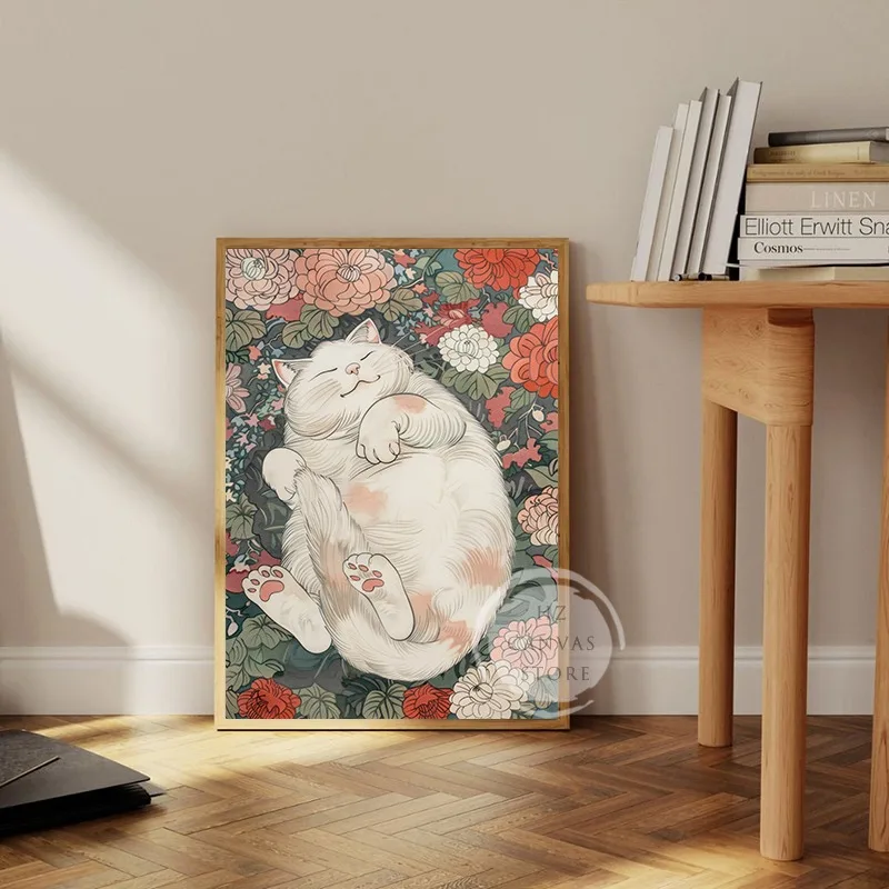 Japanese Ukiyo-e Floral Cats Vintage Posters and Prints Canvas Painting Retro Cat Wall Art Picture for Living Room Home Decor